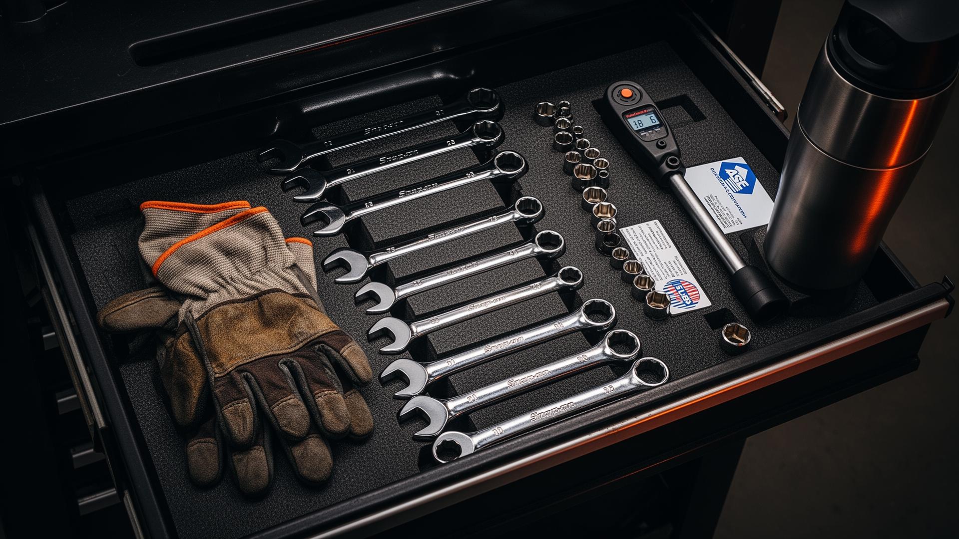 Professional diesel technician's tool chest with chrome wrenches and ASE certification