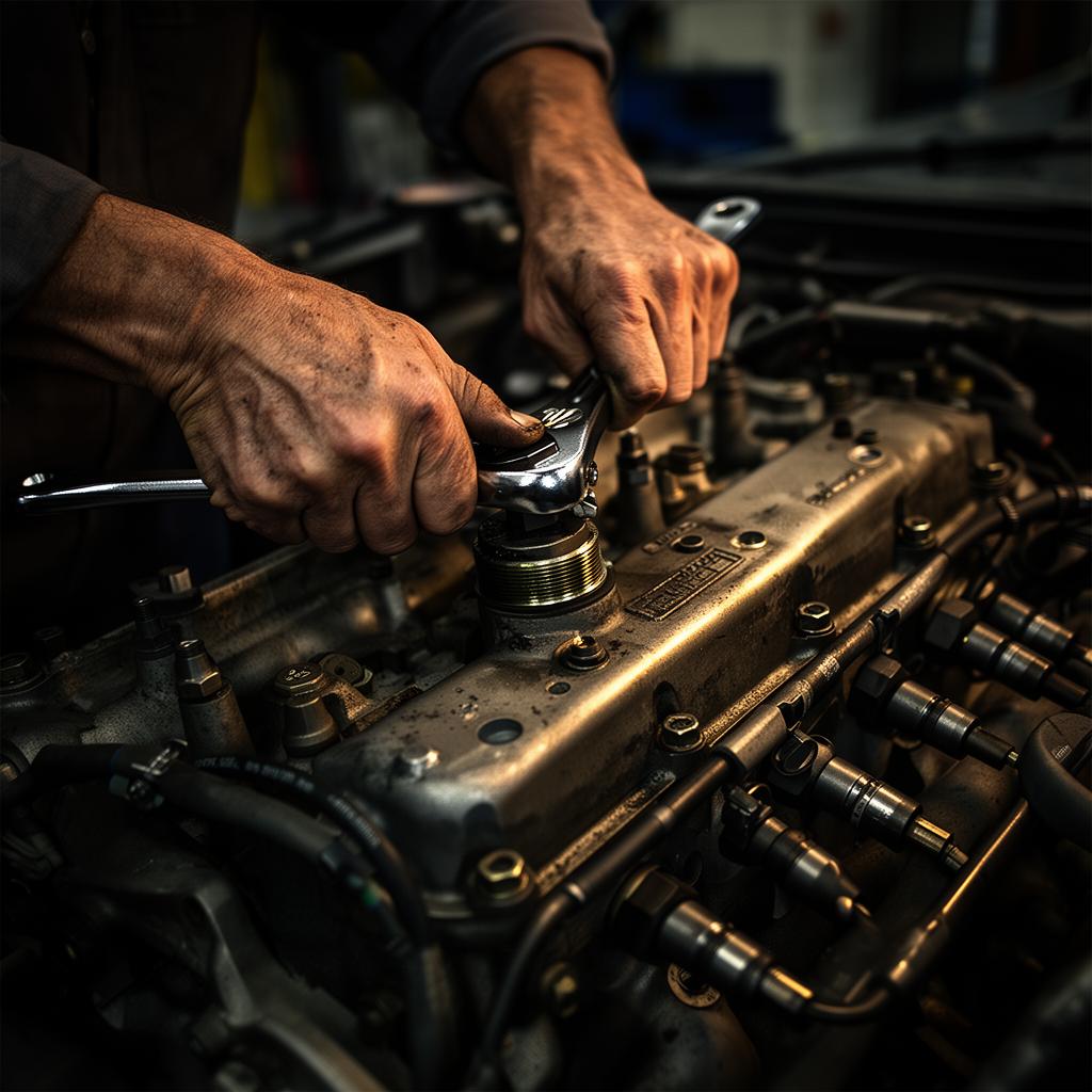 Diesel engine being serviced by a technician with a torque wrench