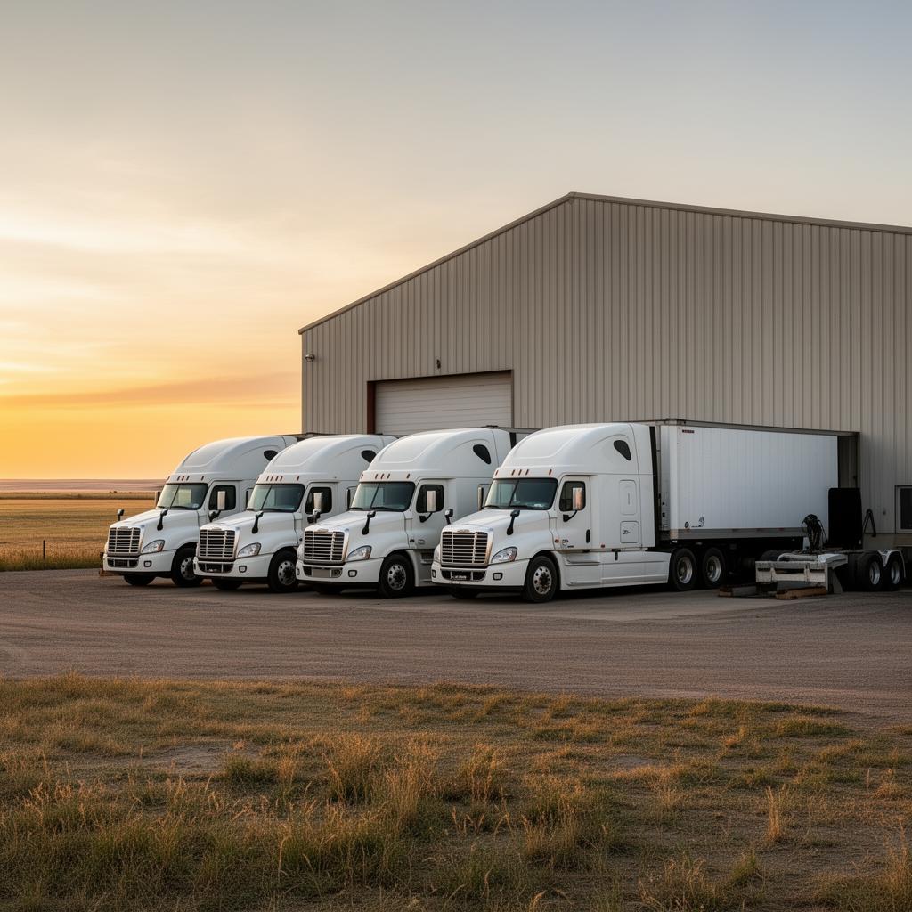 Fleet of white semi trucks lined up outside a diesel repair shop