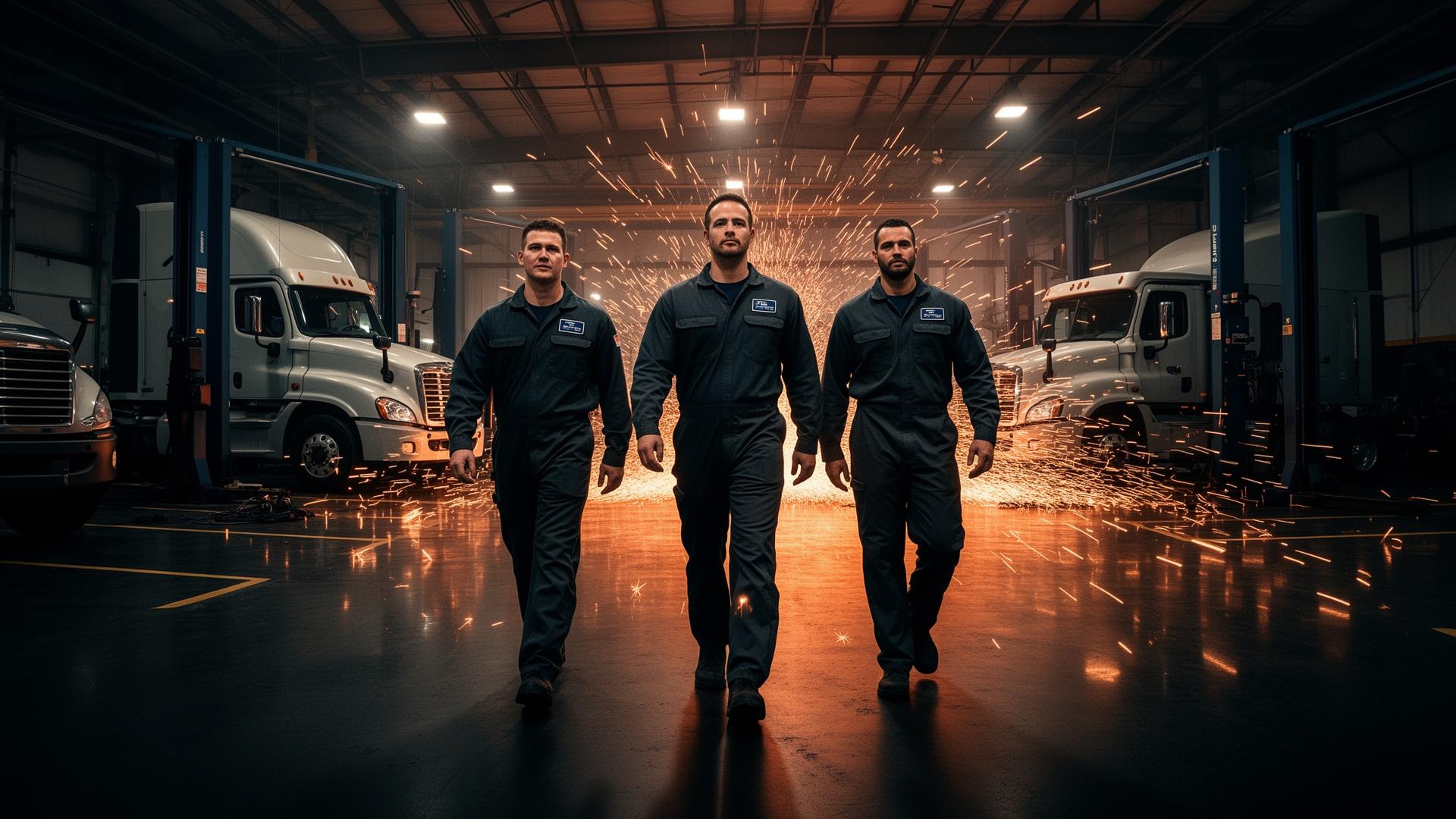 Diesel repair crew walking through the shop floor with sparks behind them